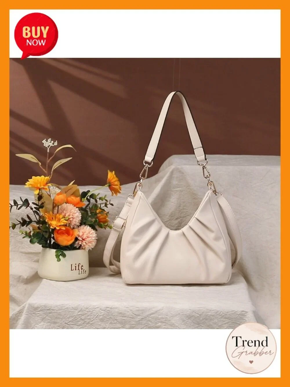 Ruched Hobo Handbag with 2 Removable Straps Crossbody Vegan Leather